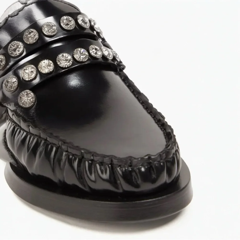 SANDRO Crystal-Embellished Patent-Leather Women’s Black Slip On Loafers Size 5